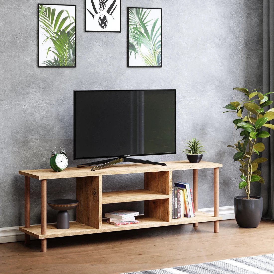 Ahşap Masif Tv ünitesi 4 raflı 3 bölmeli Ünite