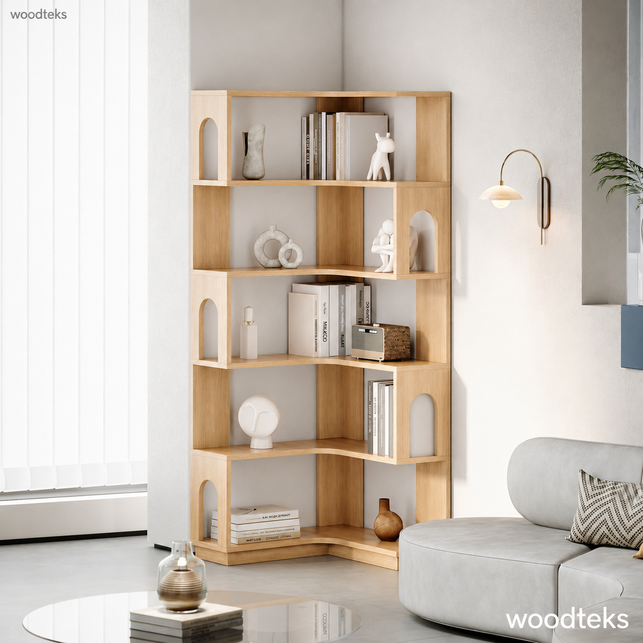 Arven Modern Köşe Raf Ünitesi – Ahşap Dekoratif Kitaplık