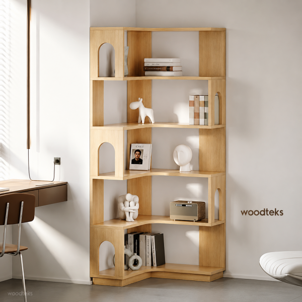 Arven Modern Köşe Raf Ünitesi – Ahşap Dekoratif Kitaplık