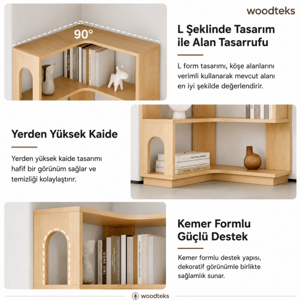 Arven Modern Köşe Raf Ünitesi – Ahşap Dekoratif Kitaplık