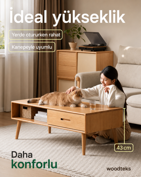 Liva Ahşap Orta Sehpa | Çekmeceli ve Raflı Modern Sehpa
