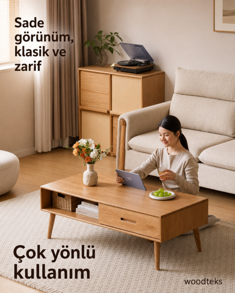 Liva Ahşap Orta Sehpa | Çekmeceli ve Raflı Modern Sehpa