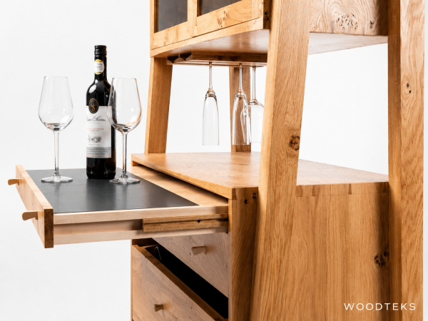 Woodteks Loren Masif Bar Dolabı | Şişelik ve Bardak Askılı Ahşap Bar Ünitesi