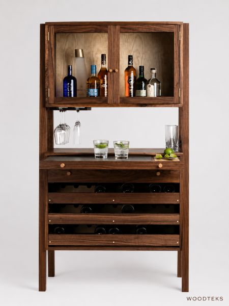 Woodteks Loren Masif Bar Dolabı | Şişelik ve Bardak Askılı Ahşap Bar Ünitesi