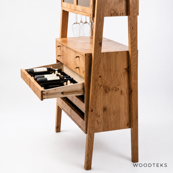 Woodteks Loren Masif Bar Dolabı | Şişelik ve Bardak Askılı Ahşap Bar Ünitesi