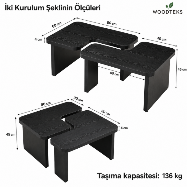 Woodteks Modena 2 Parçalı Modüler Orta Sehpa | Modern Siyah Orta Sehpa