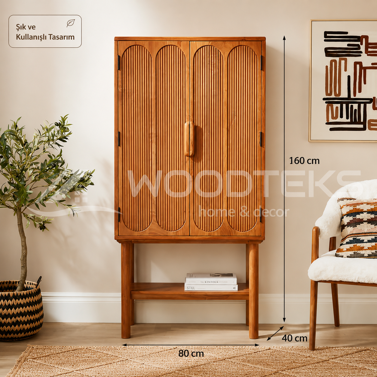 Woodteks Rava Kemerli Bar Dolabı | 80x40x160 cm Ayaklı Ahşap Dolap