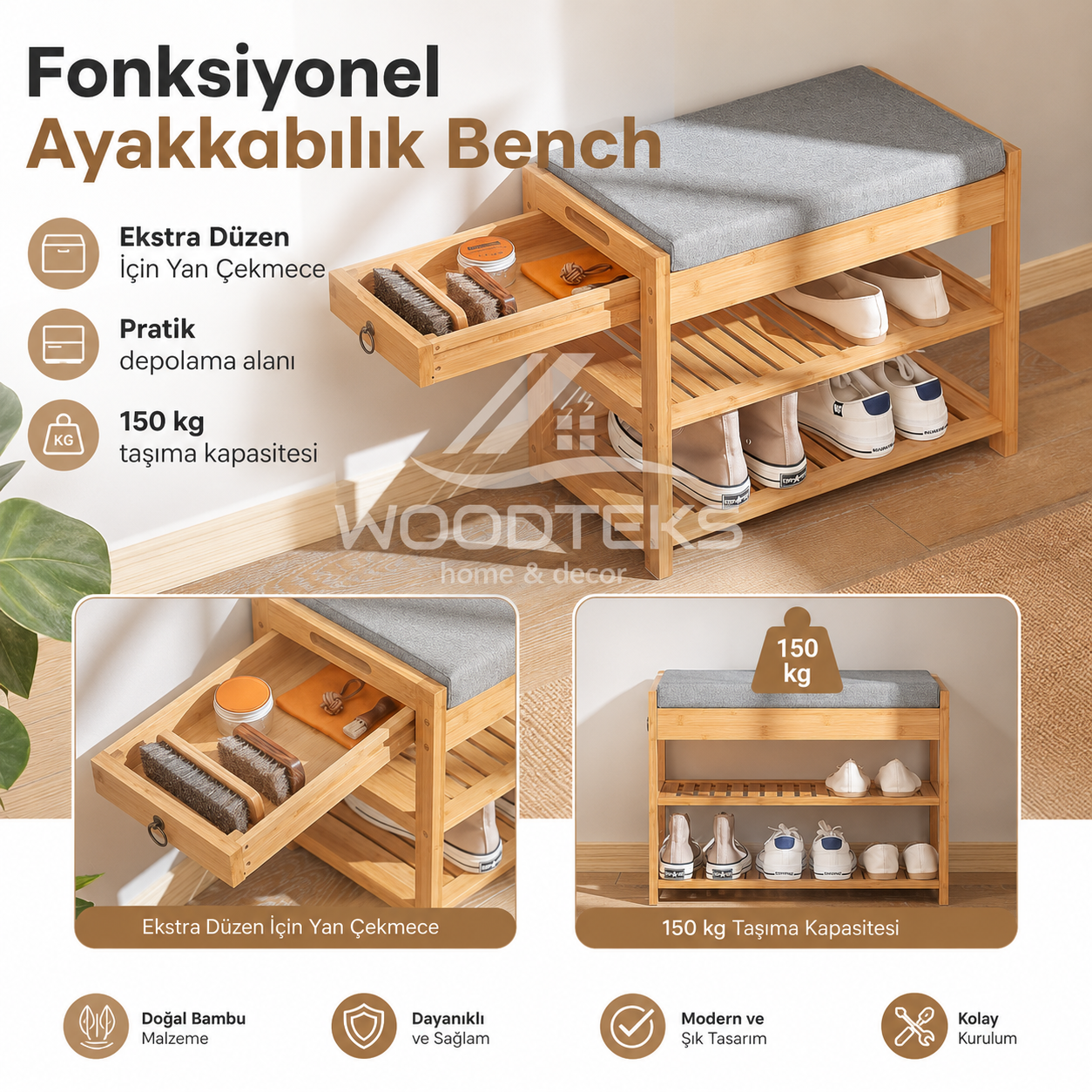 Woodteks Liona Bambu Ayakkabılık Bench – Minderli Oturma Alanlı, Yan Çekmeceli Ayakkabı Düzenleyici