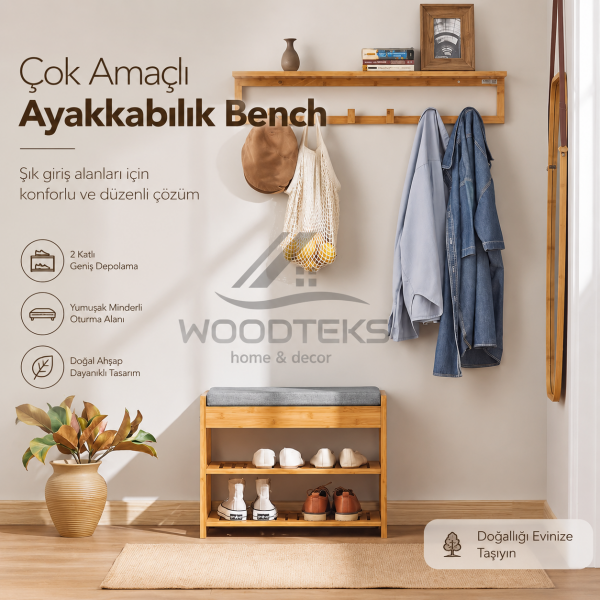 Woodteks Liona Bambu Ayakkabılık Bench – Minderli Oturma Alanlı, Yan Çekmeceli Ayakkabı Düzenleyici