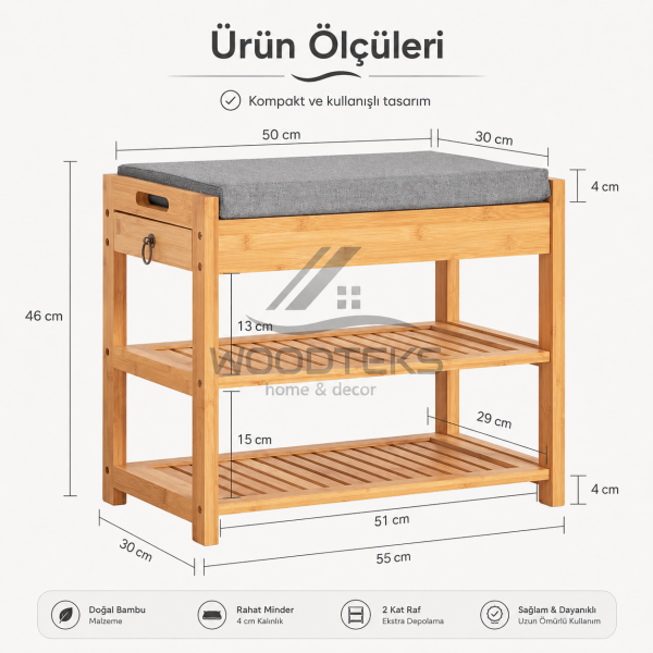 Woodteks Liona Bambu Ayakkabılık Bench – Minderli Oturma Alanlı, Yan Çekmeceli Ayakkabı Düzenleyici