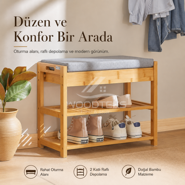 Woodteks Liona Bambu Ayakkabılık Bench – Minderli Oturma Alanlı, Yan Çekmeceli Ayakkabı Düzenleyici