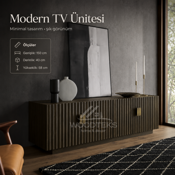 Modern Çizgili TV Ünitesi 150x40x58 cm MDF Gövdeli Gold Kulplu