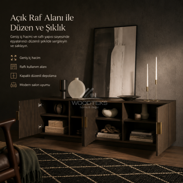 Modern Çizgili TV Ünitesi 150x40x58 cm MDF Gövdeli Gold Kulplu