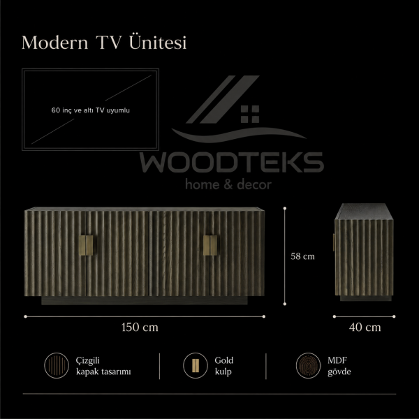 Modern Çizgili TV Ünitesi 150x40x58 cm MDF Gövdeli Gold Kulplu
