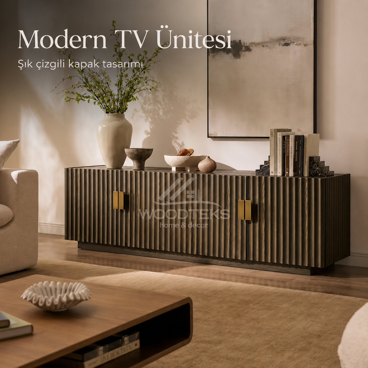 Modern Çizgili TV Ünitesi 150x40x58 cm MDF Gövdeli Gold Kulplu