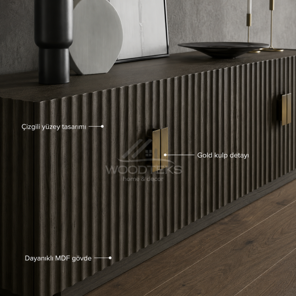 Modern Çizgili TV Ünitesi 150x40x58 cm MDF Gövdeli Gold Kulplu