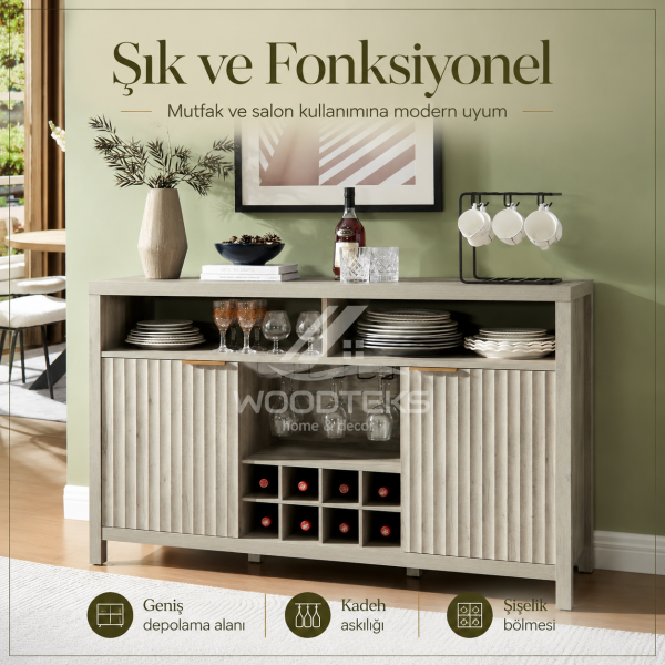 Verona Çok Amaçlı Servis Konsolu 130x39x83 cm MDF Gövde Çizgili Kapaklı Özel Üretim