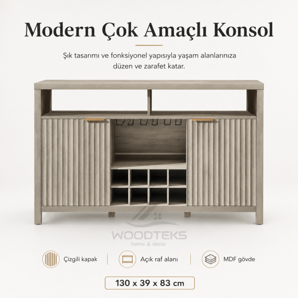 Verona Çok Amaçlı Servis Konsolu 130x39x83 cm MDF Gövde Çizgili Kapaklı Özel Üretim
