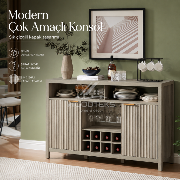 Verona Çok Amaçlı Servis Konsolu 130x39x83 cm MDF Gövde Çizgili Kapaklı Özel Üretim
