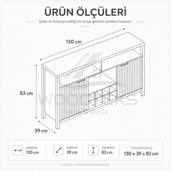 Verona Çok Amaçlı Servis Konsolu 130x39x83 cm MDF Gövde Çizgili Kapaklı Özel Üretim