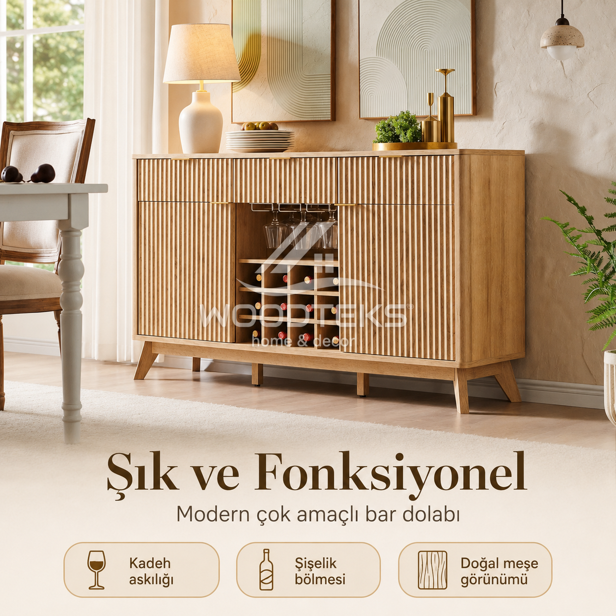 Liora Doğal Meşe Görünümlü Modern Bar Konsolu