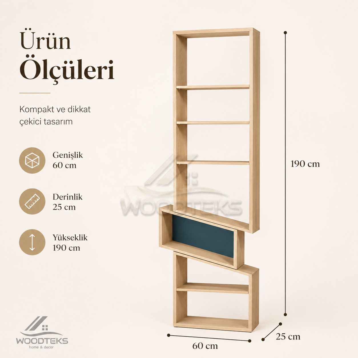 Woodteks Arven Asimetrik Kitaplık – Modern Raflı Dekoratif Salon Kitaplığı