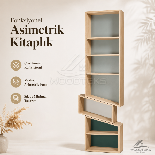 Woodteks Arven Asimetrik Kitaplık – Modern Raflı Dekoratif Salon Kitaplığı
