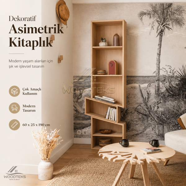 Woodteks Arven Asimetrik Kitaplık – Modern Raflı Dekoratif Salon Kitaplığı