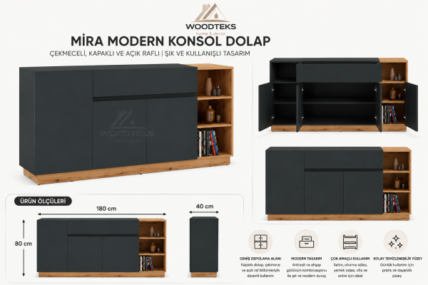 Woodteks Mira Modern Konsol Dolap – Çekmeceli, Kapaklı ve Açık Raflı Şık Salon Konsolu