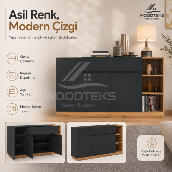 Woodteks Mira Modern Konsol Dolap – Çekmeceli, Kapaklı ve Açık Raflı Şık Salon Konsolu