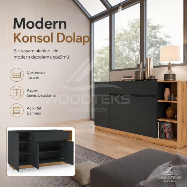 Woodteks Mira Modern Konsol Dolap – Çekmeceli, Kapaklı ve Açık Raflı Şık Salon Konsolu