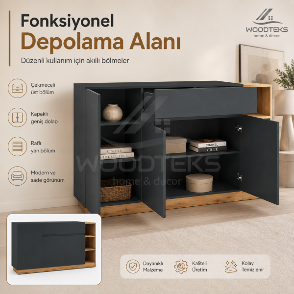 Woodteks Mira Modern Konsol Dolap – Çekmeceli, Kapaklı ve Açık Raflı Şık Salon Konsolu