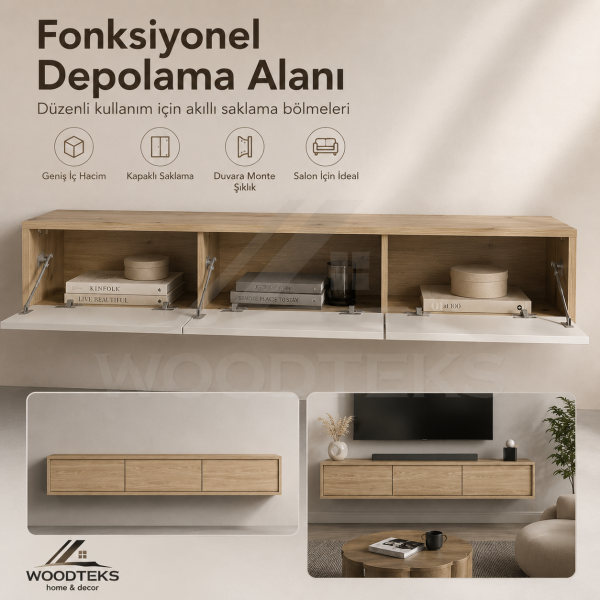 Woodteks Lina Duvara Monte TV Ünitesi – 3 Kapaklı Modern Ahşap Görünümlü TV Sehpası