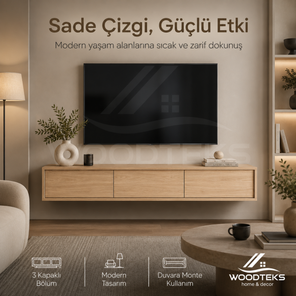 Woodteks Lina Duvara Monte TV Ünitesi – 3 Kapaklı Modern Ahşap Görünümlü TV Sehpası