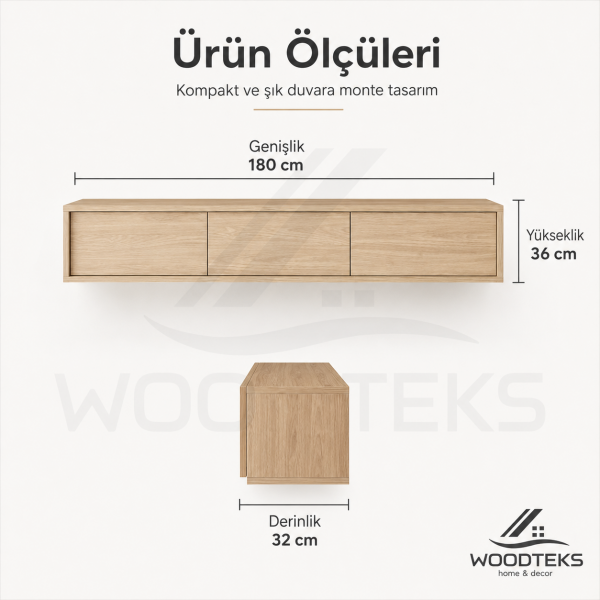 Woodteks Lina Duvara Monte TV Ünitesi – 3 Kapaklı Modern Ahşap Görünümlü TV Sehpası