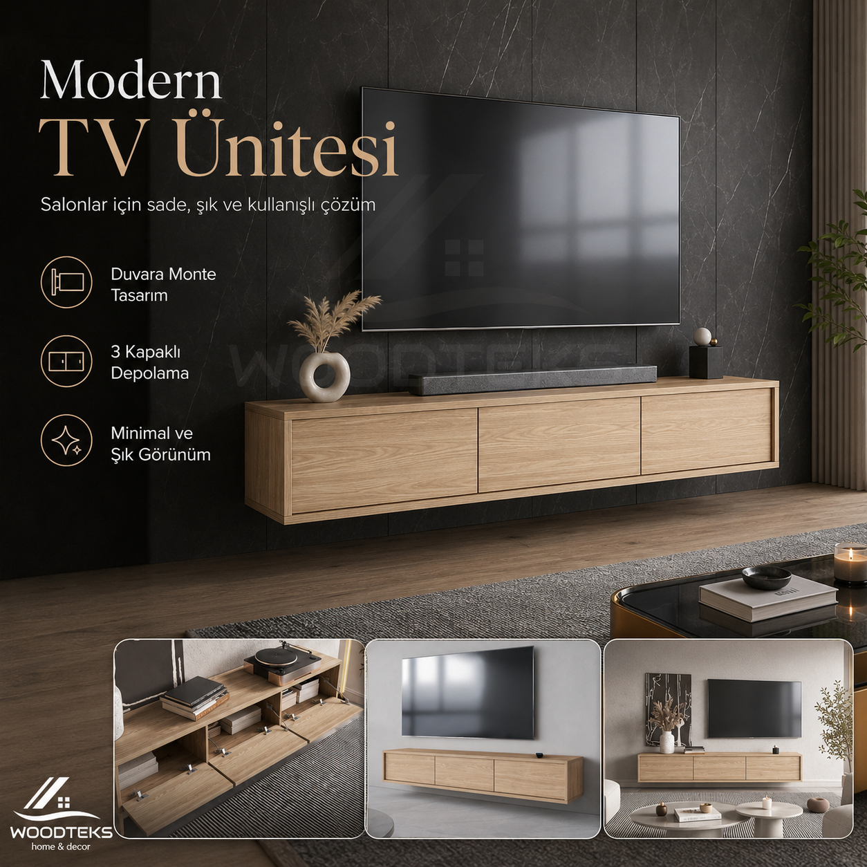 Woodteks Lina Duvara Monte TV Ünitesi – 3 Kapaklı Modern Ahşap Görünümlü TV Sehpası