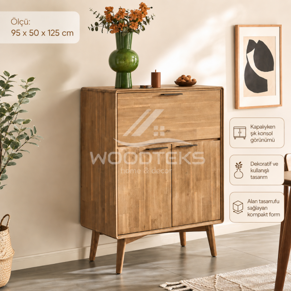 WOODTEKS Ahşap Bar Dolabı 95x50x125 cm | Açılır Kapaklı Mini Bar Konsolu