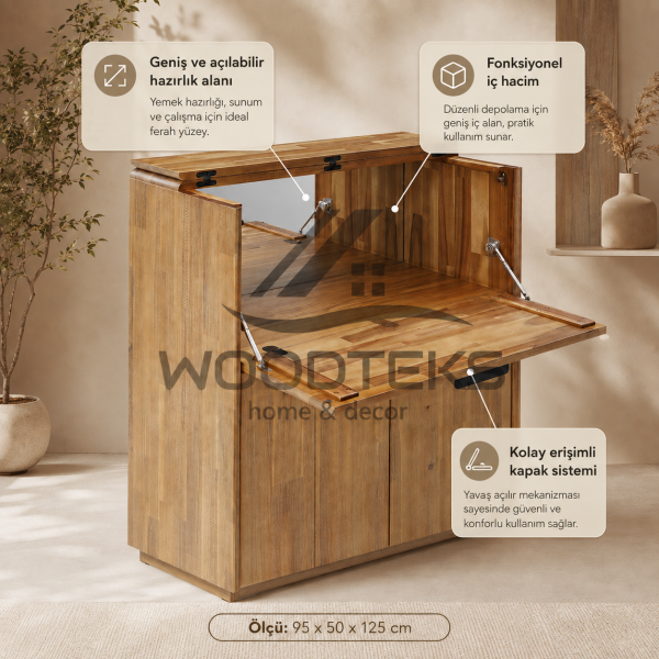 WOODTEKS Ahşap Bar Dolabı 95x50x125 cm | Açılır Kapaklı Mini Bar Konsolu