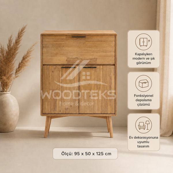 WOODTEKS Ahşap Bar Dolabı 95x50x125 cm | Açılır Kapaklı Mini Bar Konsolu