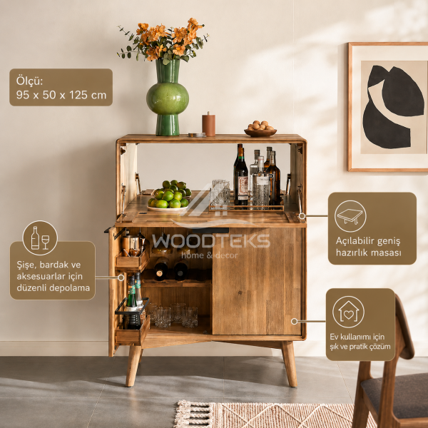 WOODTEKS Ahşap Bar Dolabı 95x50x125 cm | Açılır Kapaklı Mini Bar Konsolu
