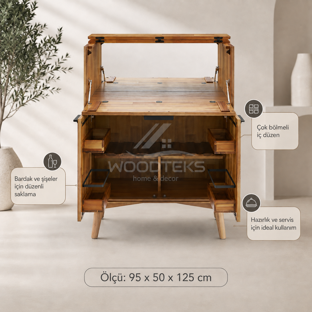 WOODTEKS Ahşap Bar Dolabı 95x50x125 cm | Açılır Kapaklı Mini Bar Konsolu