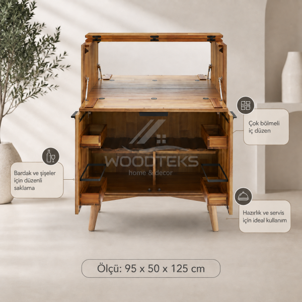 WOODTEKS Ahşap Bar Dolabı 95x50x125 cm | Açılır Kapaklı Mini Bar Konsolu