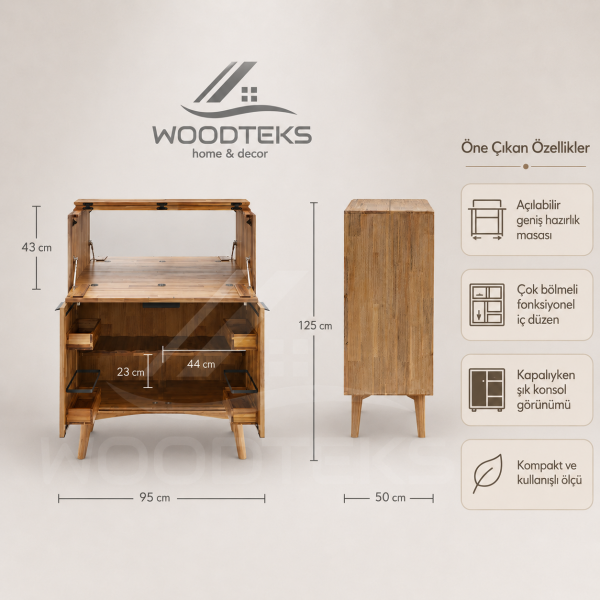 WOODTEKS Ahşap Bar Dolabı 95x50x125 cm | Açılır Kapaklı Mini Bar Konsolu