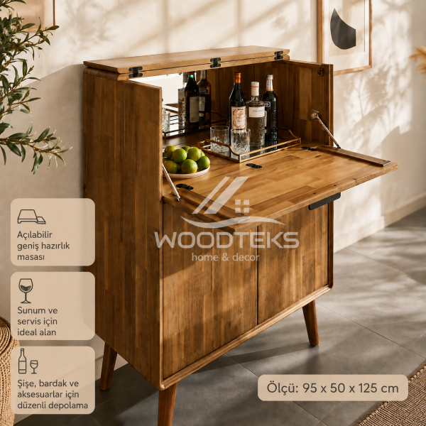 WOODTEKS Ahşap Bar Dolabı 95x50x125 cm | Açılır Kapaklı Mini Bar Konsolu