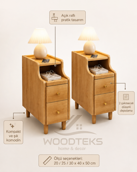 WOODTEKS Açık Raflı 2 Çekmeceli Ahşap Komodin 20/25/30x40x50 cm