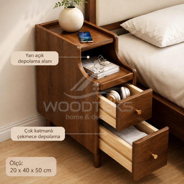 WOODTEKS Açık Raflı 2 Çekmeceli Ahşap Komodin 20/25/30x40x50 cm