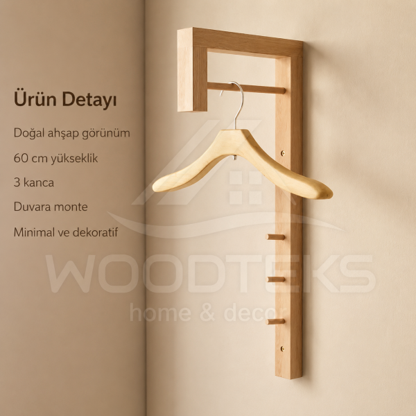 WOODTEKS Masif Ahşap Duvar Askılığı – Askı Çubuklu ve 3 Kancalı Minimal Tasarım