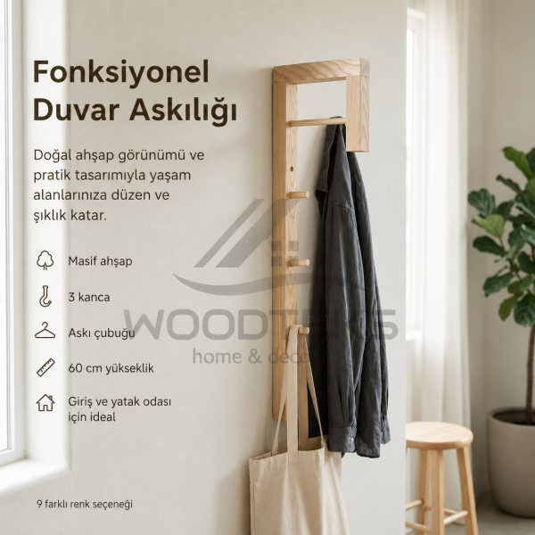WOODTEKS Masif Ahşap Duvar Askılığı – Askı Çubuklu ve 3 Kancalı Minimal Tasarım
