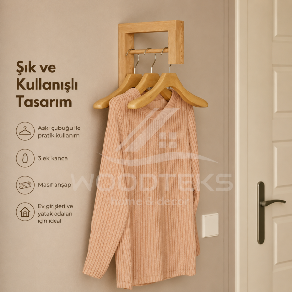 WOODTEKS Masif Ahşap Duvar Askılığı – Askı Çubuklu ve 3 Kancalı Minimal Tasarım