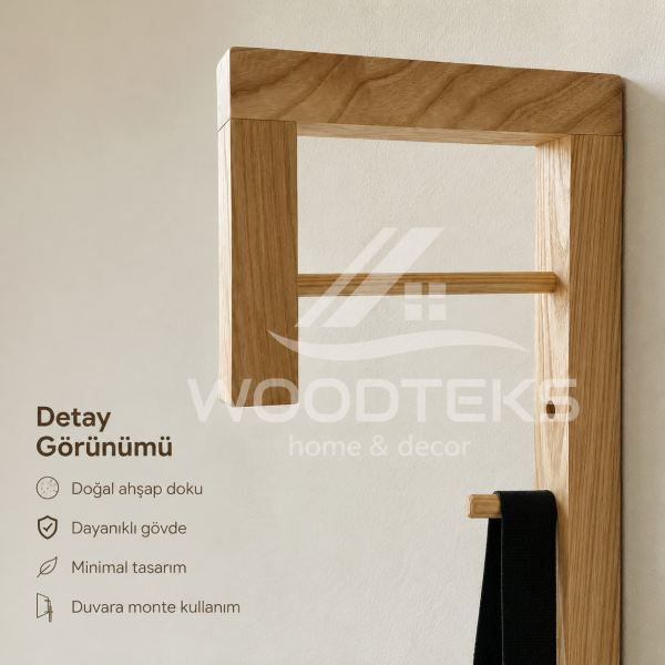 WOODTEKS Masif Ahşap Duvar Askılığı – Askı Çubuklu ve 3 Kancalı Minimal Tasarım